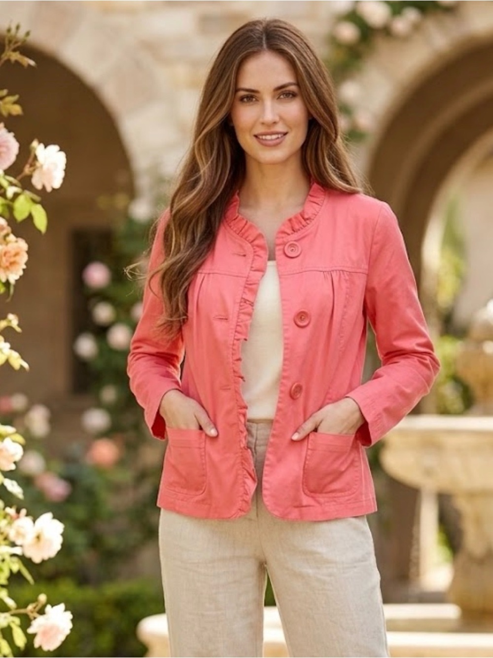 SONOMA Coral Ruffle Trim and Chunky Button Jacket
